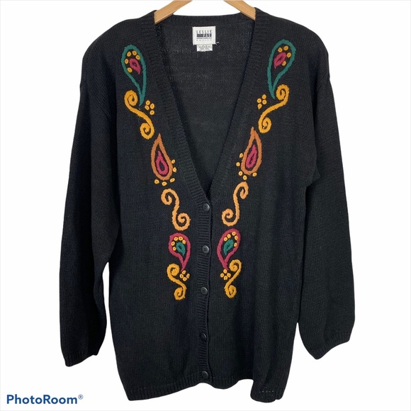 VINTAGE LESLIE Fay Black Grandmacore Embroidered Cardigan S - Picture 2 of 13